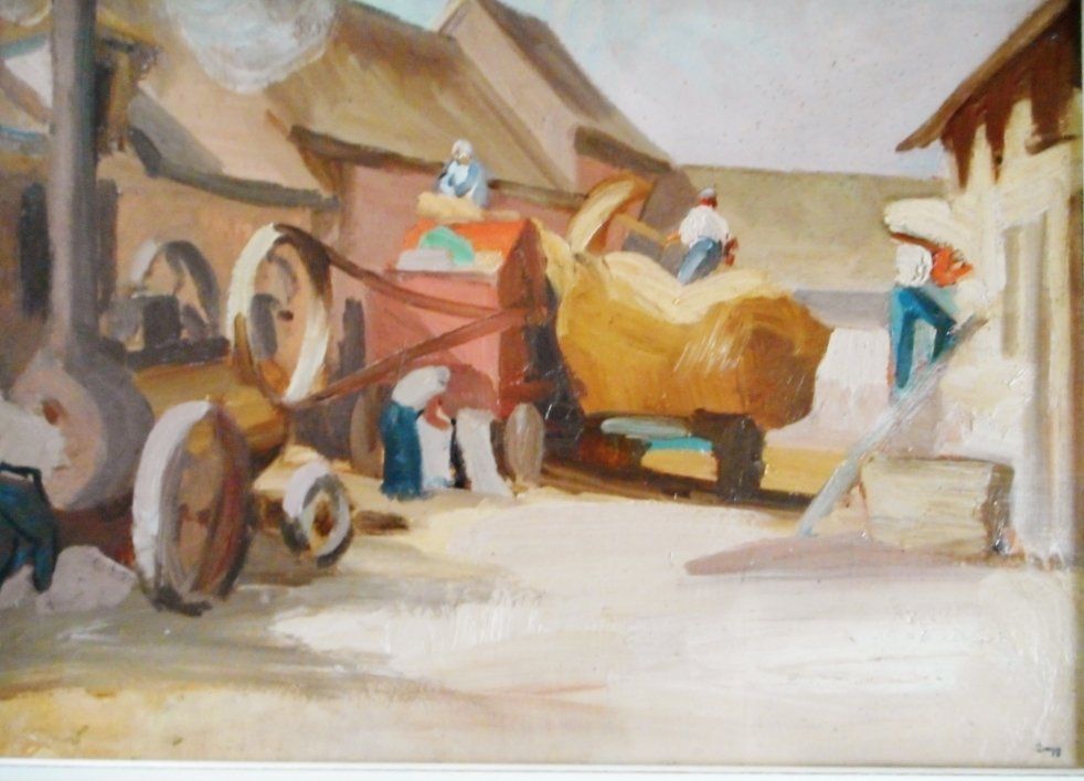 Zingg, 1882/1842, huile sur panneau, signature en bas à droite, huile sur panneau, scène de battage à la ferme