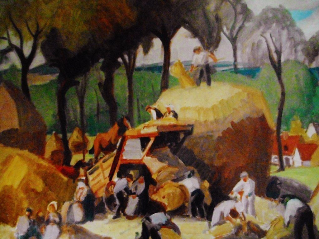 Zingg, 1882/1942, huile sur toile, signature en bas à droite, scène de battage à l'entrée du village